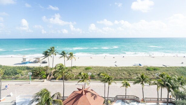 A beach view with palm trees, a lifeguard tower, and a lifeguard hut. - 703 Ocean View Hollywood Beach (Hollywood)