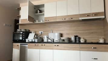 Fridge, microwave, stovetop, cookware/dishes/utensils