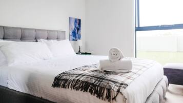 1 bedroom, laptop workspace, iron/ironing board, bed sheets