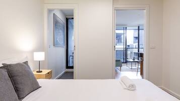 1 bedroom, laptop workspace, iron/ironing board, bed sheets