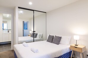 1 bedroom, laptop workspace, iron/ironing board, bed sheets