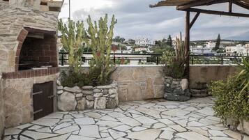 A stone patio with a brick oven, cacti, and a view of buildings in the background.