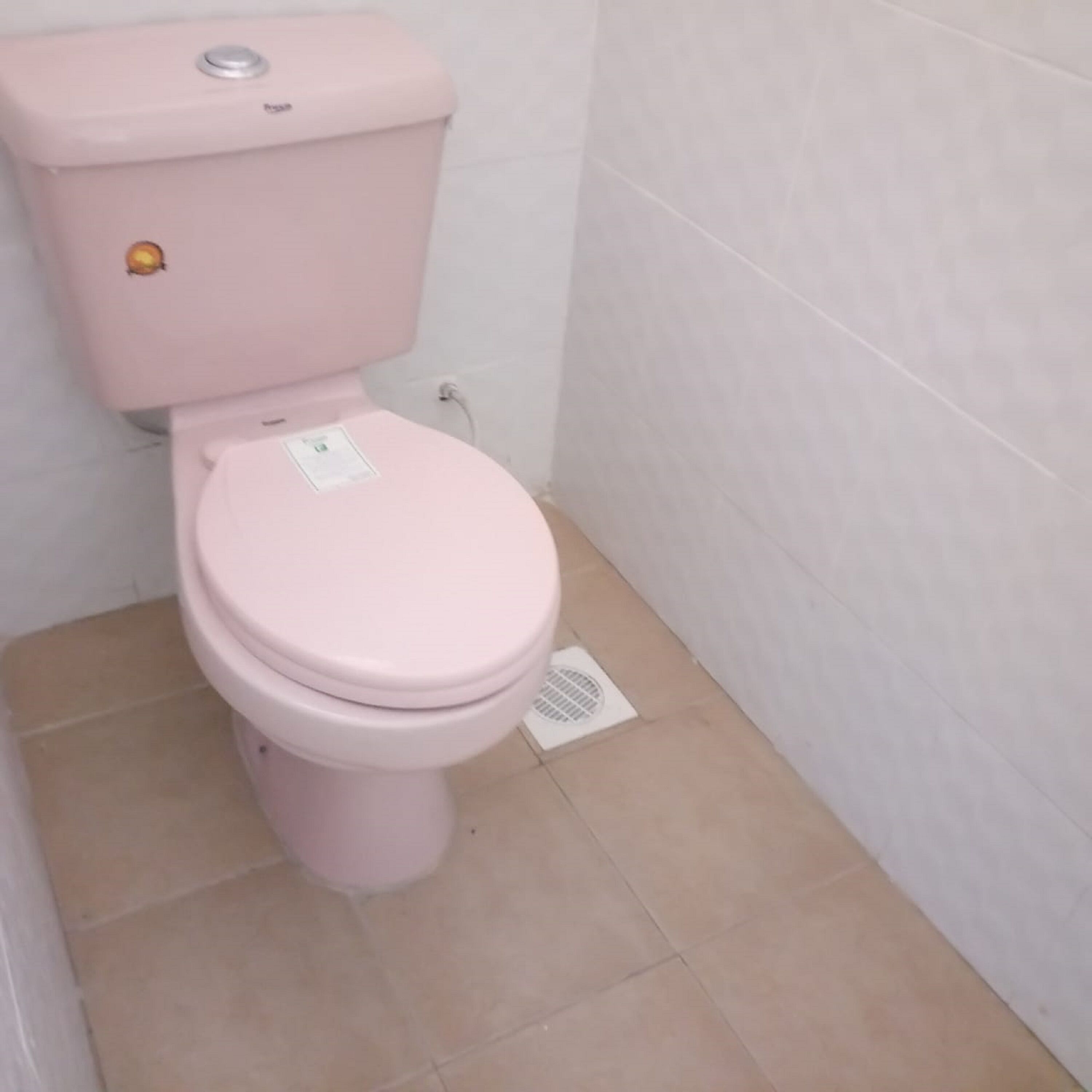 Eine pinkfarbene Toilette in einem Badezimmer mit weißen Fliesenwänden und einem beigen Boden.