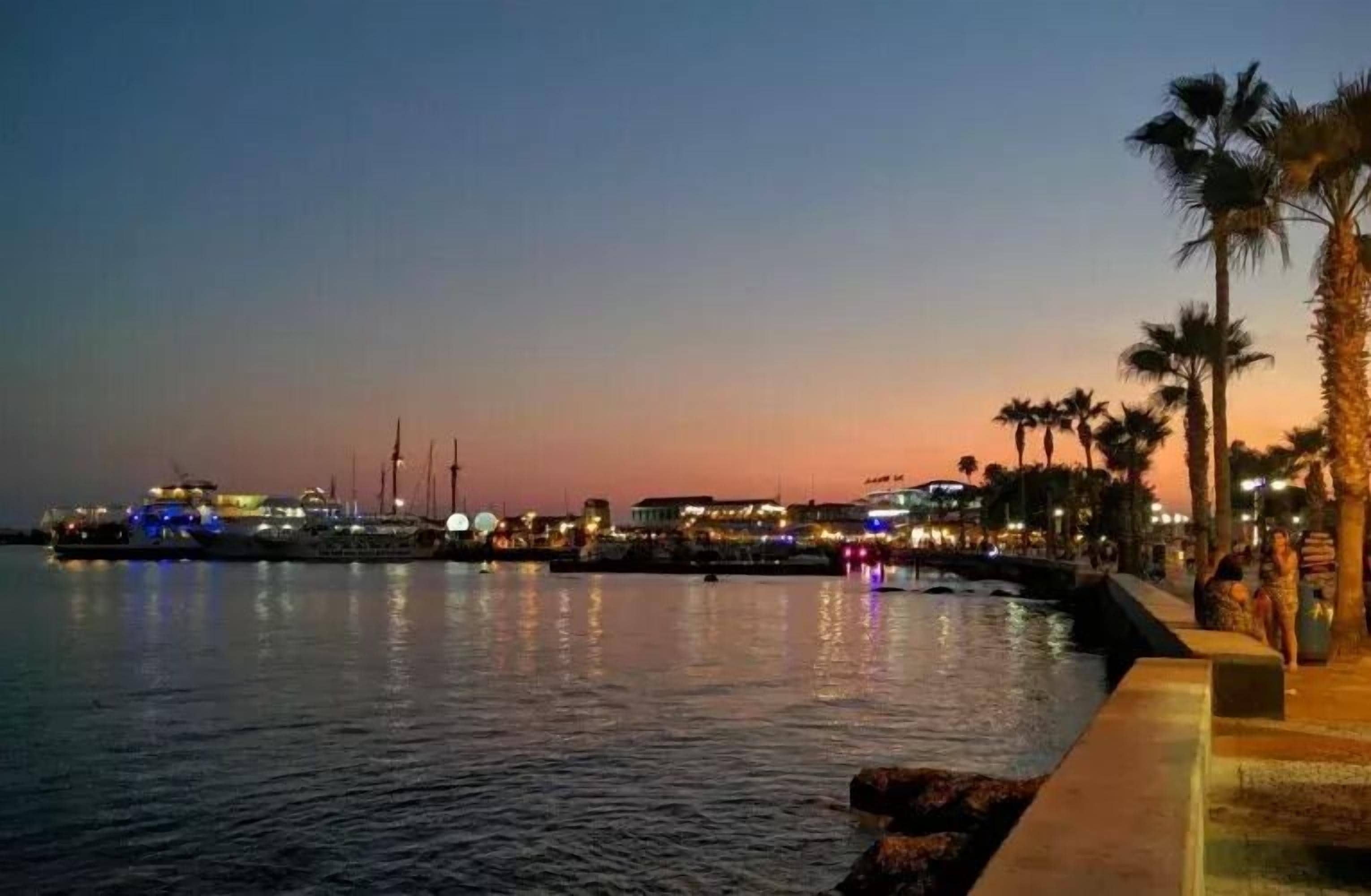 A waterfront scene at dusk with a marina, boats, and palm trees.