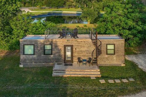 Container home with rooftop views and pickleball