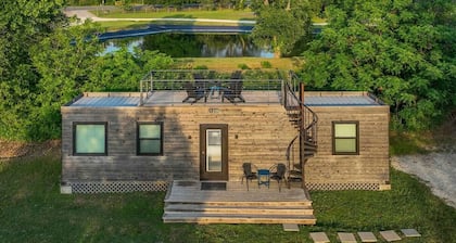 Container home with rooftop views and pickleball