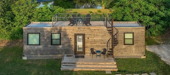 Container home with rooftop views and pickleball