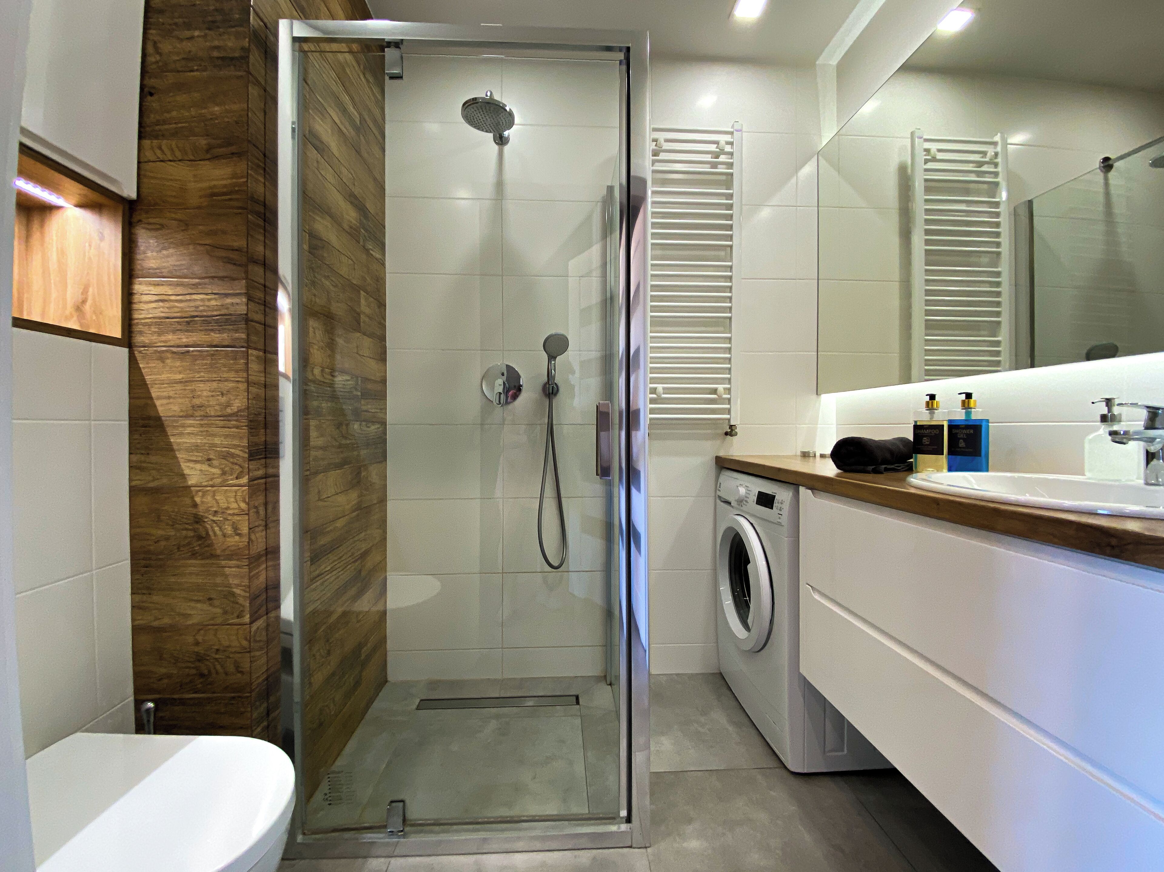 Shower, hair dryer, towels, toilet paper