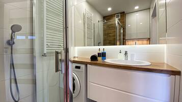 Shower, hair dryer, towels, toilet paper