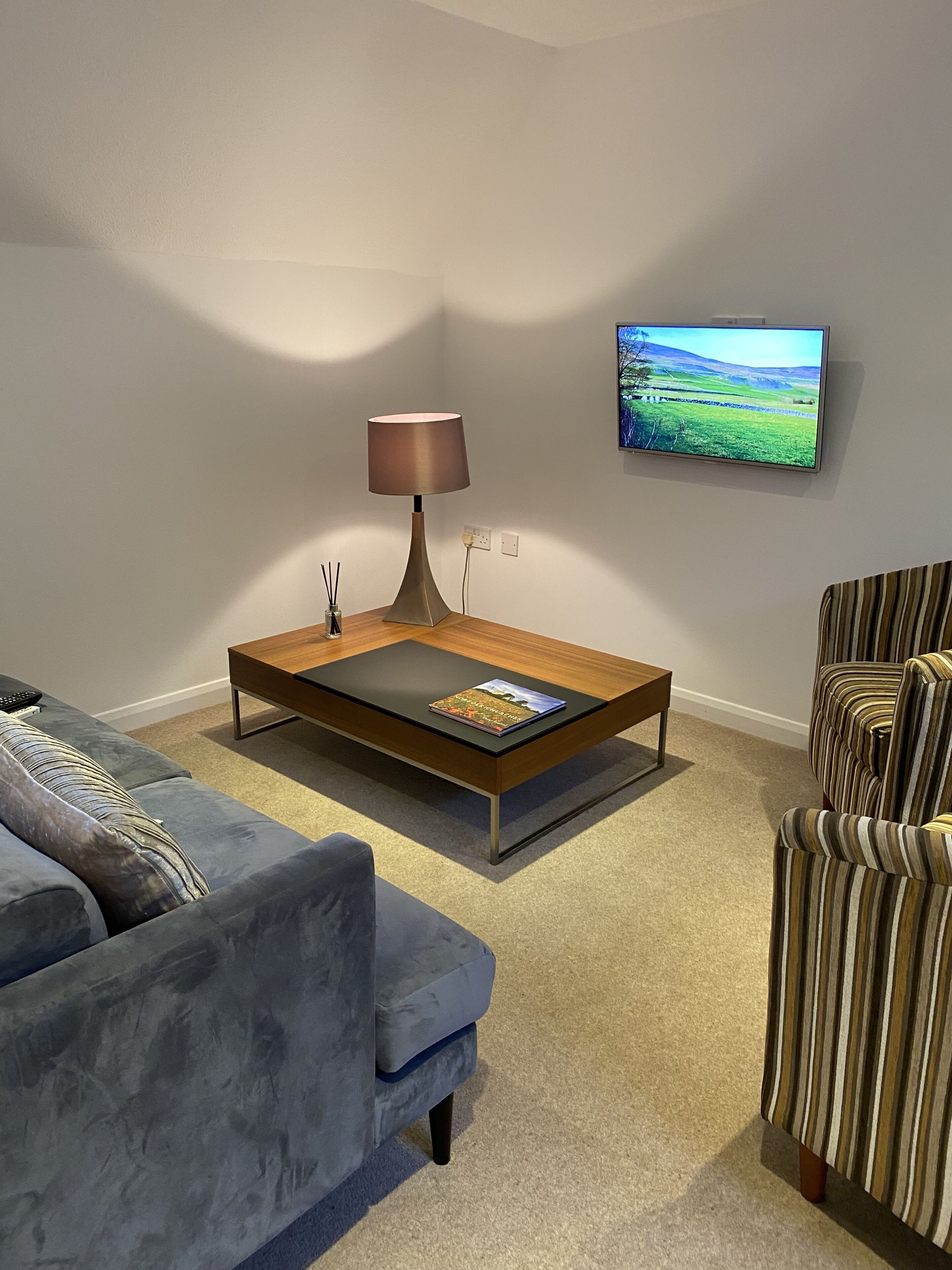 A modern living room with a sofa, a coffee table, a lamp, a striped armchair, and a TV mounted on the wall.