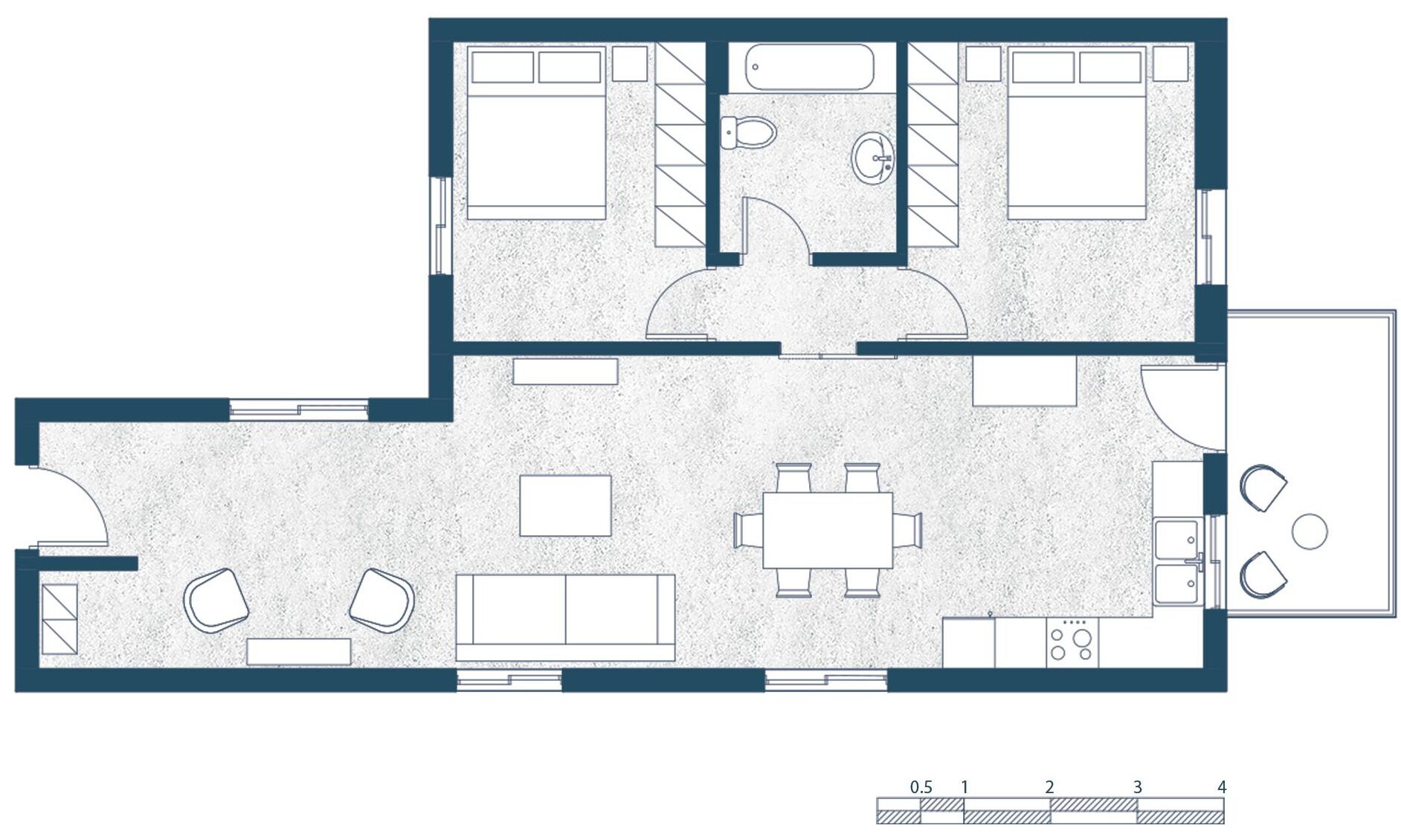 A floor plan of a hotel room with a kitchenette, a dining area, a bathroom, and a living area.