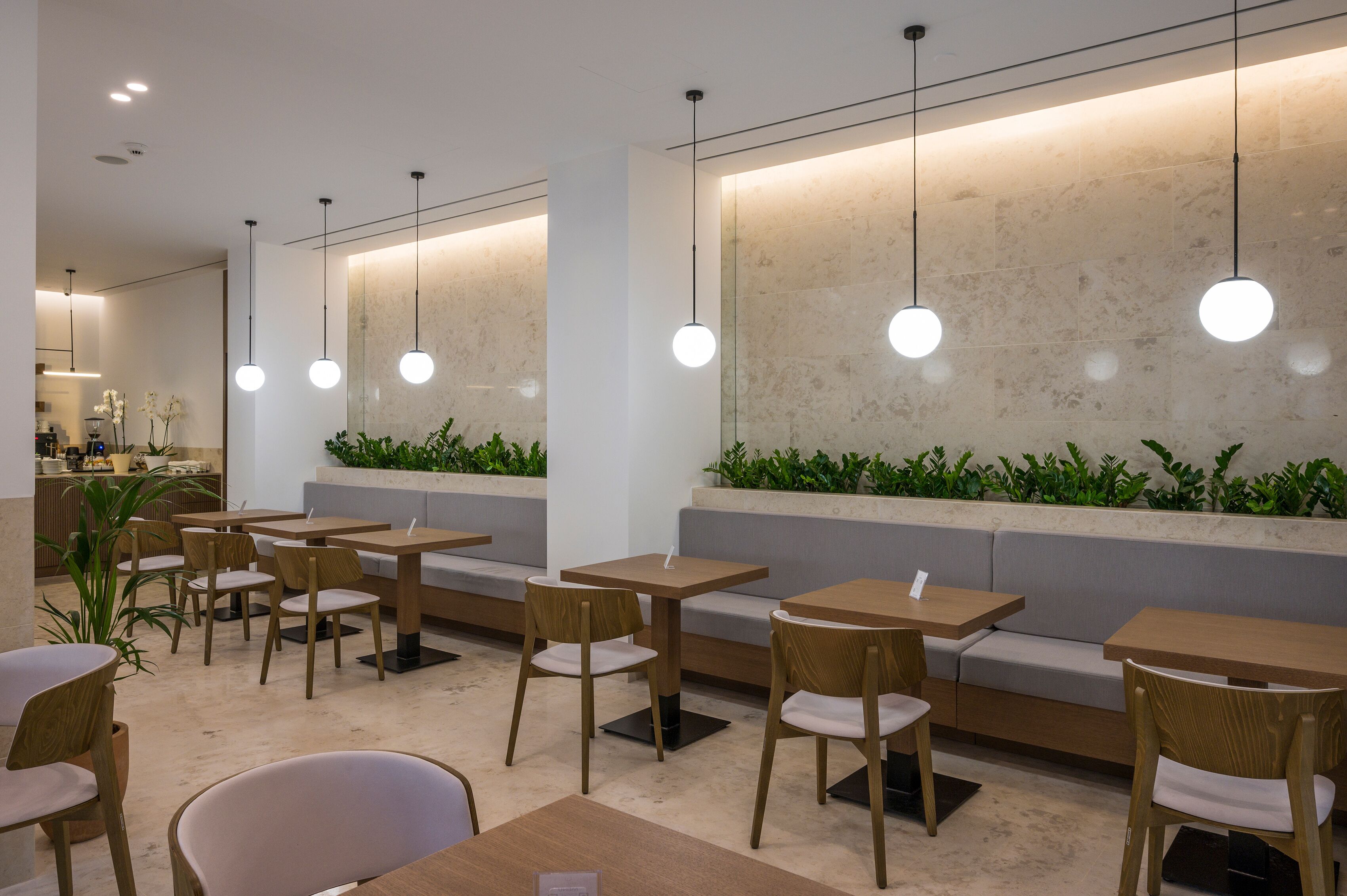A modern cafe with wooden tables and chairs, a counter area, and green plants along the walls.