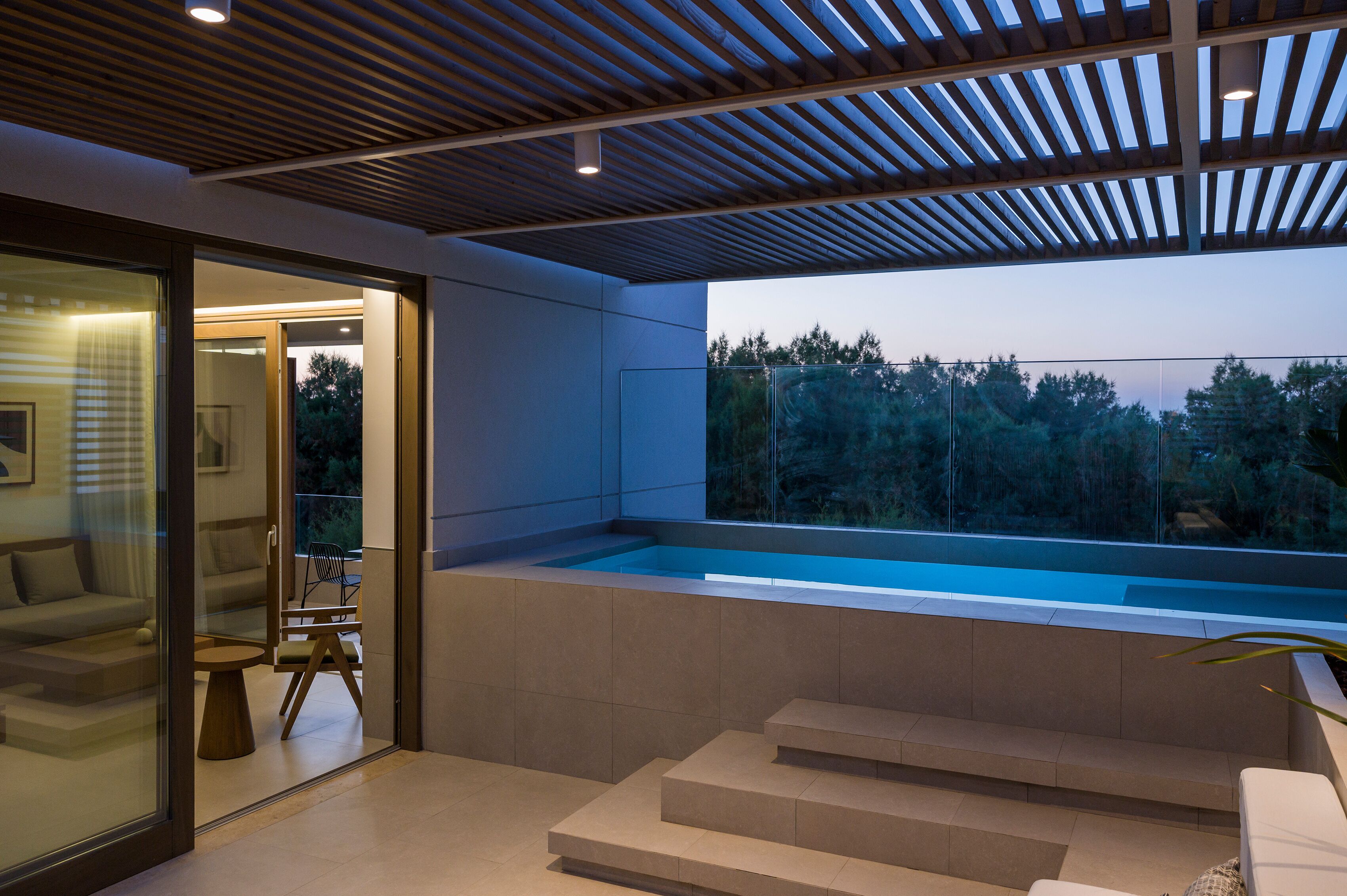 A modern outdoor pool area with a glass enclosure, a wooden ceiling, and a view of trees.