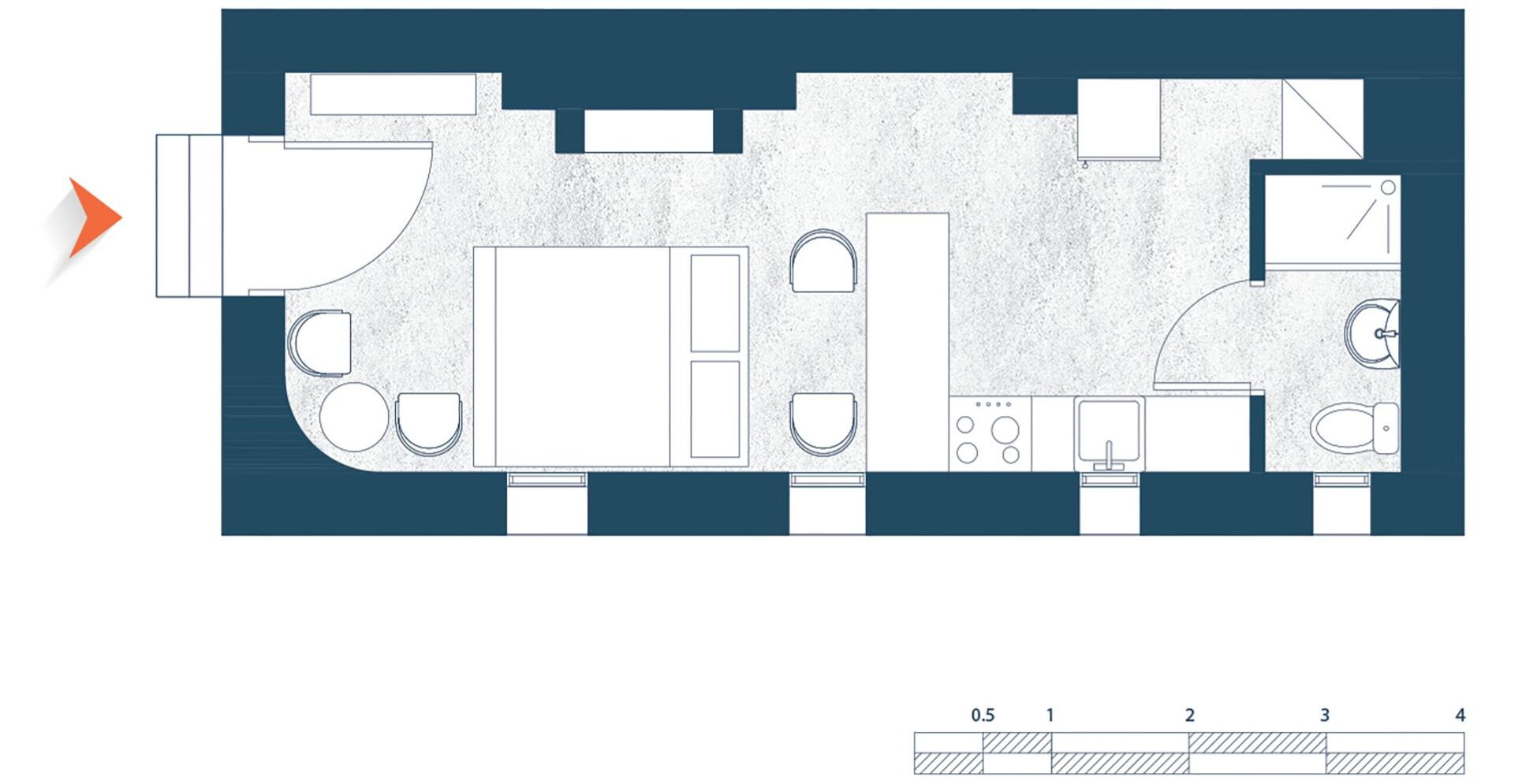 A floor plan of a hotel room with a bed, a desk, a chair, a small table, and a bathroom.