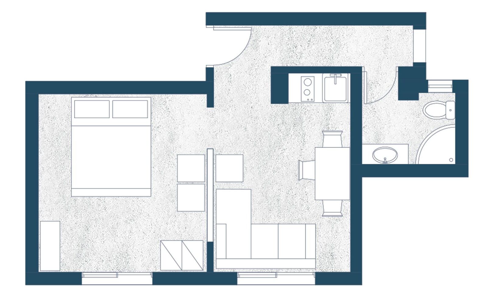 A floor plan of a hotel room with a bed, a sitting area with a table and chairs, a small kitchen area, and a bathroom.
