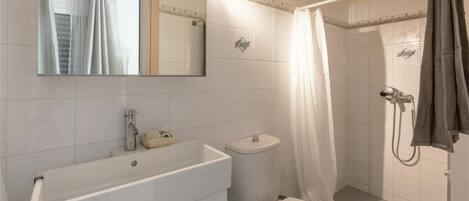 A bathroom with a white sink, toilet, and shower area.