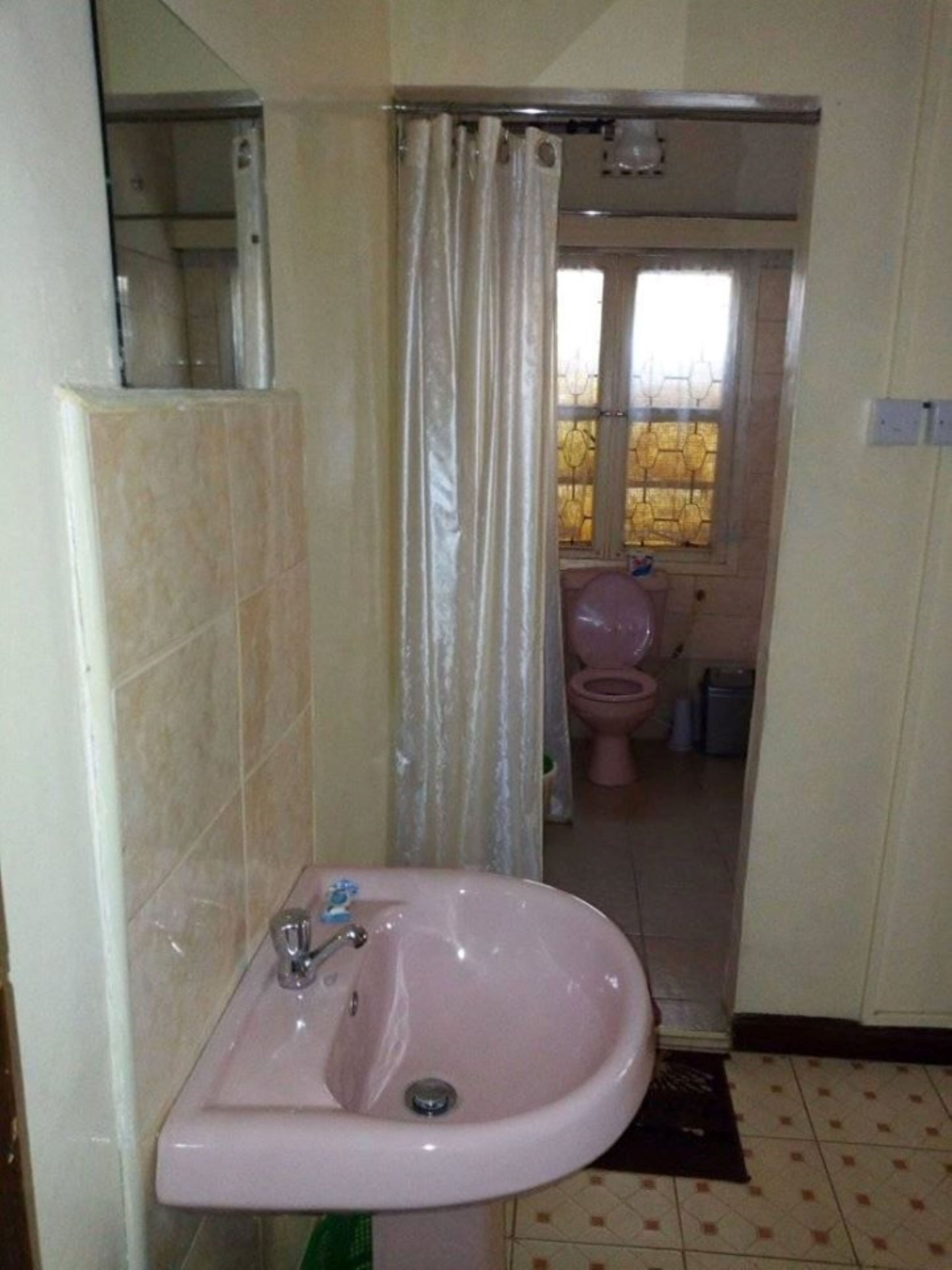 A bathroom with a pink sink, a shower curtain, and a toilet visible through a window.