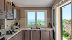 Une cuisine moderne dotée d’une grande fenêtre offrant une vue sur la mer et la verdure.