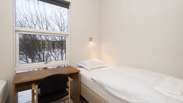 Une chambre avec un lit simple, un bureau et une chaise.