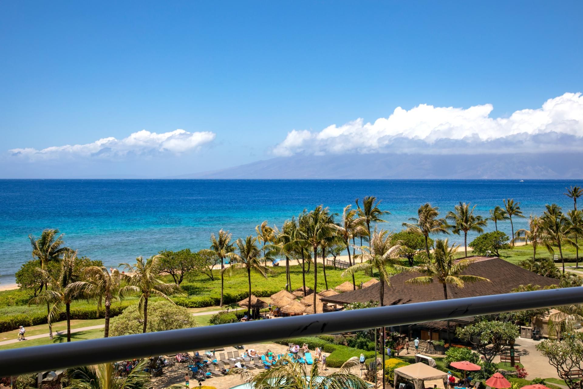 Um resort com vista para o oceano, palmeiras e área de piscina.