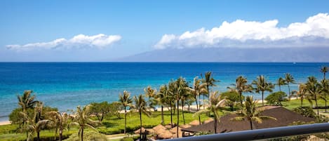 Um resort com vista para o oceano, palmeiras e área de piscina.