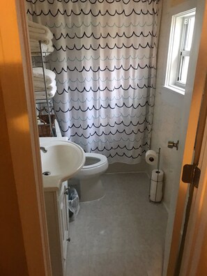 A small bathroom with a toilet, sink, and shower curtain. - I. Historic Home Key West style in Coconut Grove Yellow House (Miami)