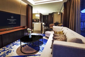 Suite (Deluxe 2 Bedrooms) | Living area | 55-inch flat-screen TV with satellite channels, TV, pay movies - Kempinski Residences Guangzhou (Guangzhou)
