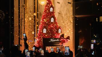 Un sapin de Noël avec une pancarte portant l’inscription « Kempinski » devant la façade d’un immeuble.