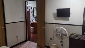 Un pasillo estrecho con una puerta de madera, un ventilador blanco y un televisor montado en la pared.