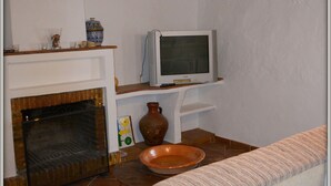 Un salon avec une cheminée, un téléviseur et un canapé.