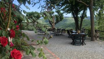 Eine Terrasse mit Steinboden, Gartenmöbeln und Blick auf eine hügelige Landschaft, umgeben von Bäumen.