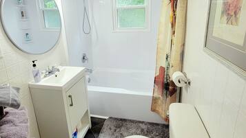 Combined shower/tub, hair dryer, towels, soap