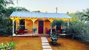 A rustic building with a metal roof, a porch with chairs, and a sign that reads "COLLEGE".