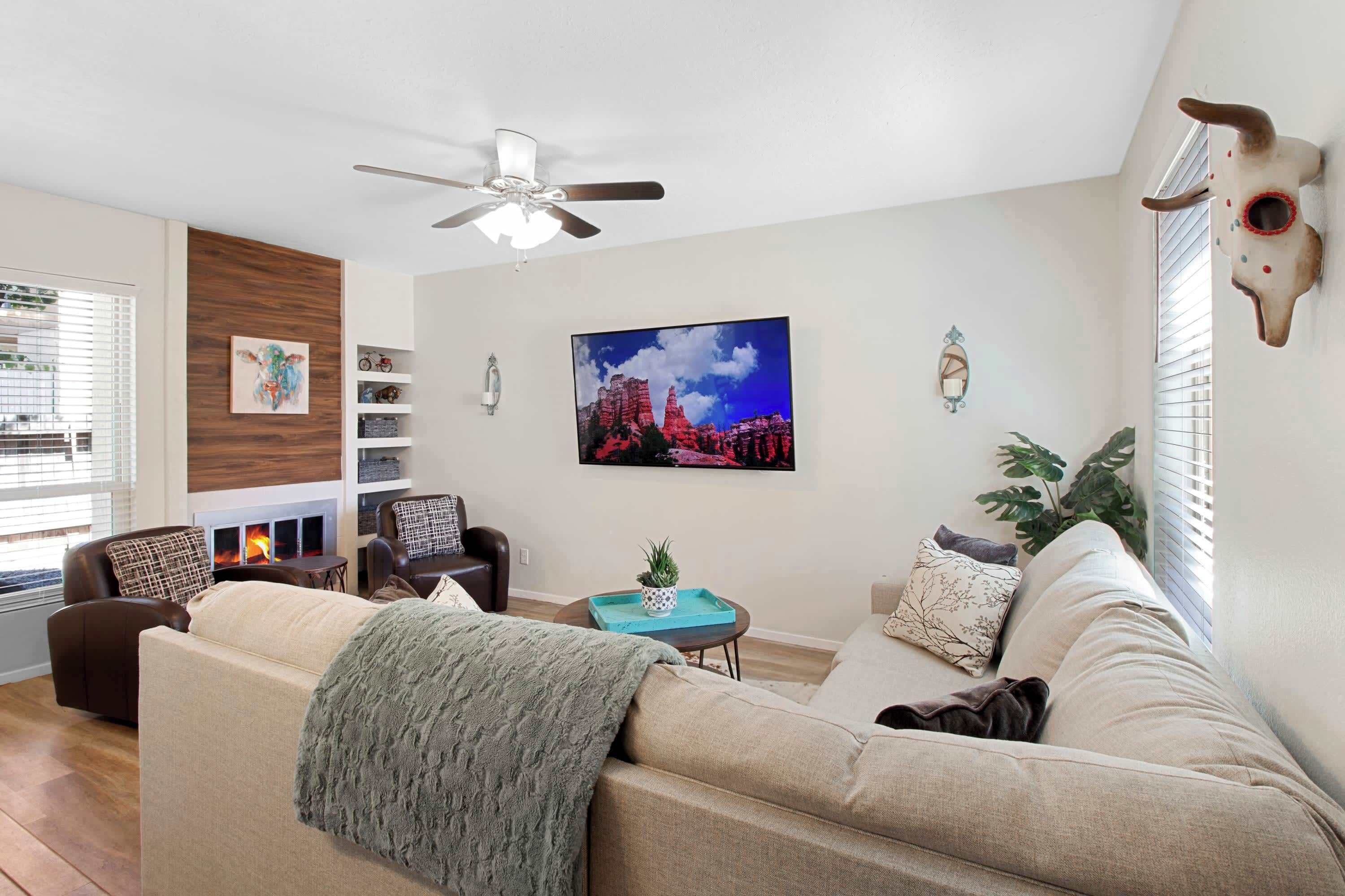 TV, fireplace, Netflix, smart speakers