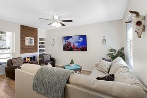 TV, fireplace, Netflix, smart speakers