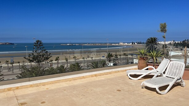 A balcony with white plastic chairs and a potted plant, overlooking a beach with a clear blue sky. - lights in Mogador, the charm of essaouira and the attraction of the seaside! A few meters away you are already on the beach. You can discover its many souks and explore its surroundings easily.   (essaouira)