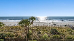 A beach with a wooden fence, palm trees, and a clear blue sky.