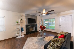 TV, fireplace, table football