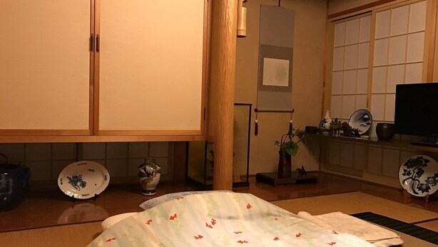 Een traditionele Japanse kamer met tatami vloeren, een futonbed, een televisie en een klein plankje met decoratieve objecten.