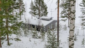 Eine moderne Holzhütte, umgeben von schneebedeckten Bäumen und einem See im Hintergrund.