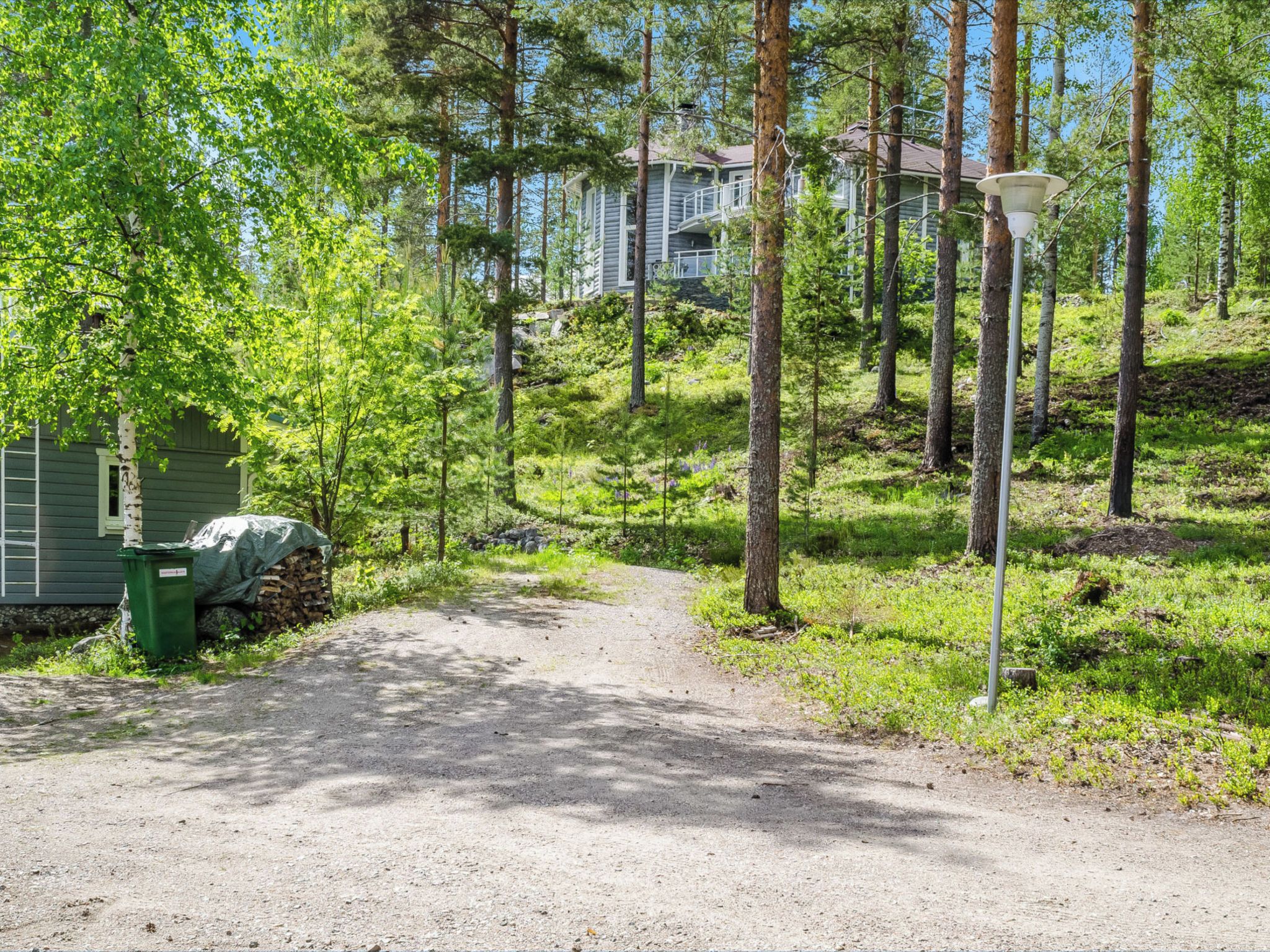 A gravel path leading to a cabin surrounded by trees.