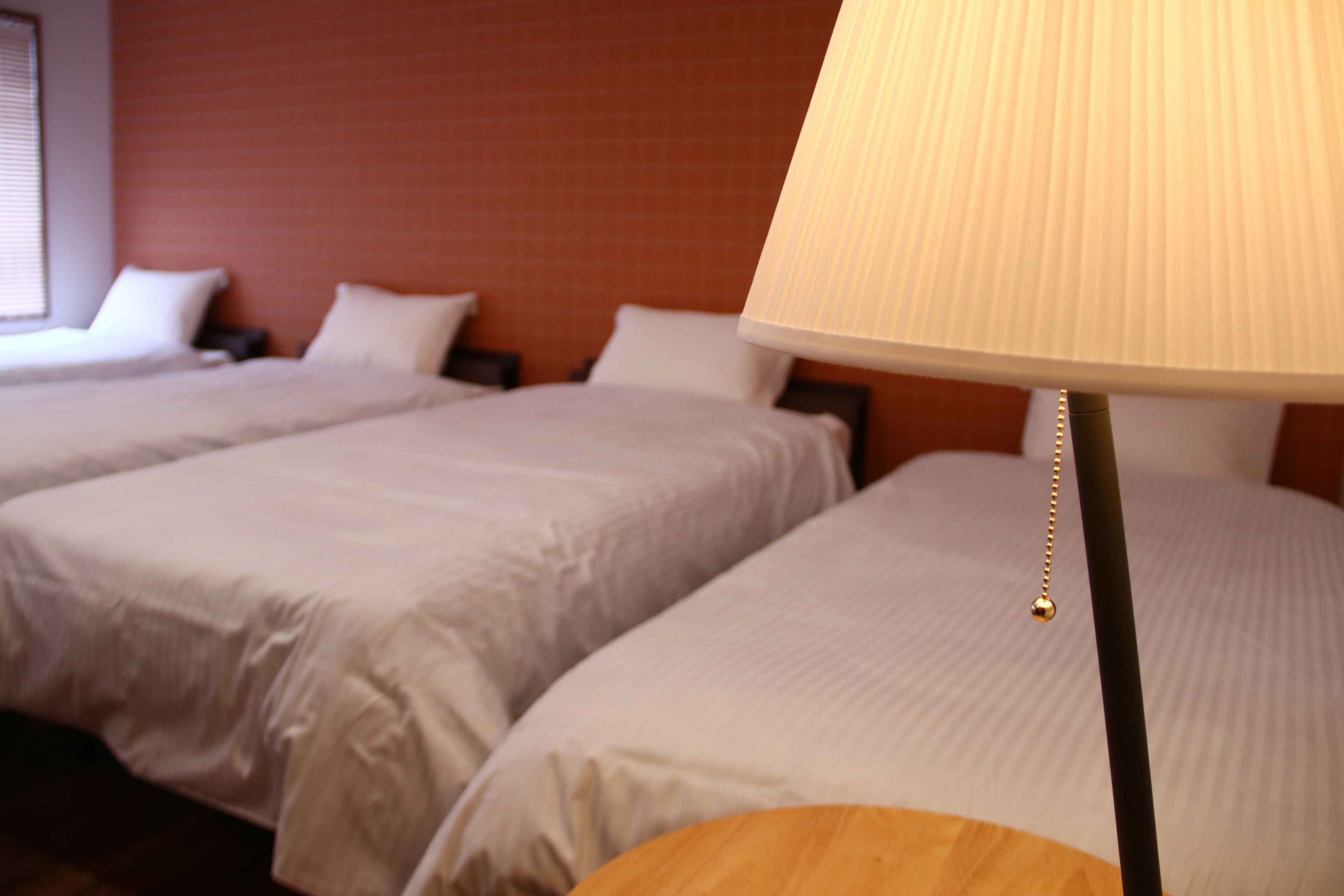 Camera d'albergo con due letti singoli, un comodino e una lampada.