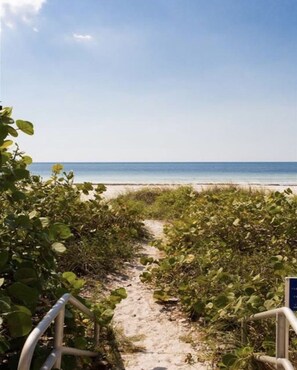 A beach path leading to the ocean with a clear sky.