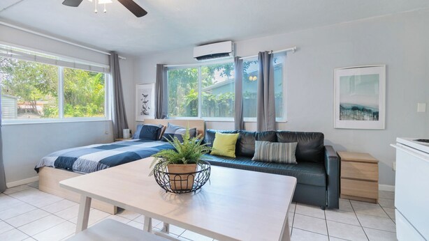 A modern living room with a sofa, a dining table, and a potted plant. - Wilton Manors, Cute Outdoor Space-New Bathroom, Pool 3 (Wilton Manors)