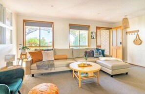 Smart TV, fireplace, books