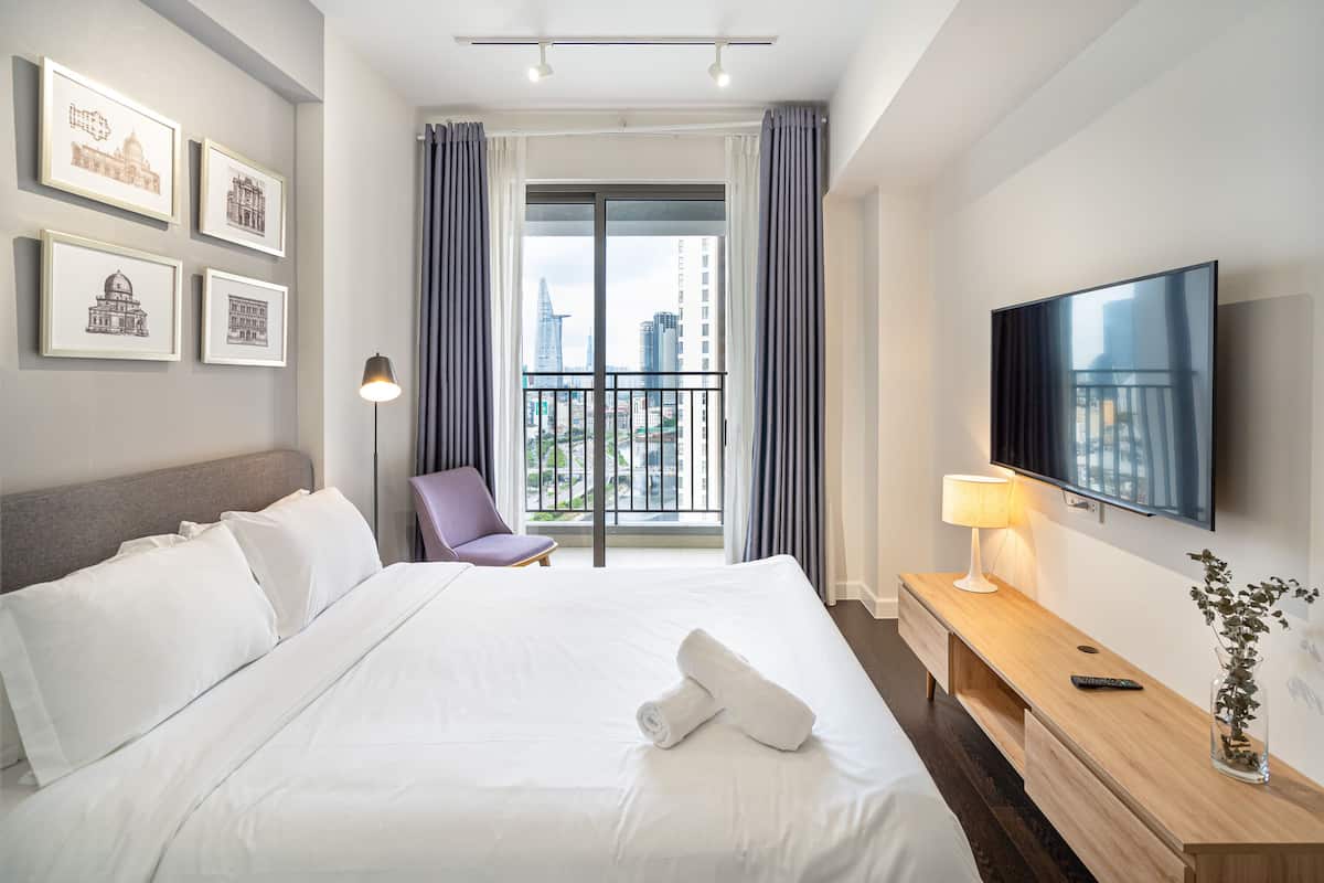 1 bedroom, desk, laptop workspace, iron/ironing board