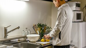 A kitchen with a stainless steel sink, a white bowl, and a person peeling lemons. - Heights Showa 207 (Sapporo)