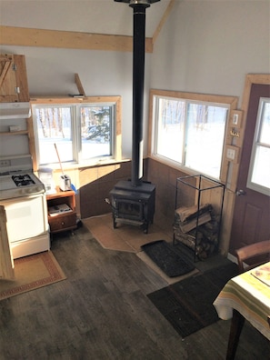 A compact kitchen with a stove, a wood-burning stove, and a window with a view of trees.