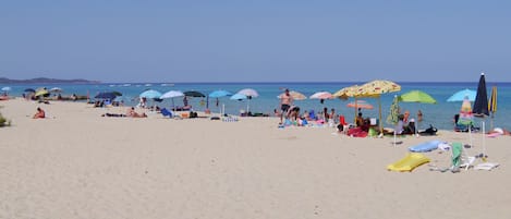 On the beach, sun-loungers