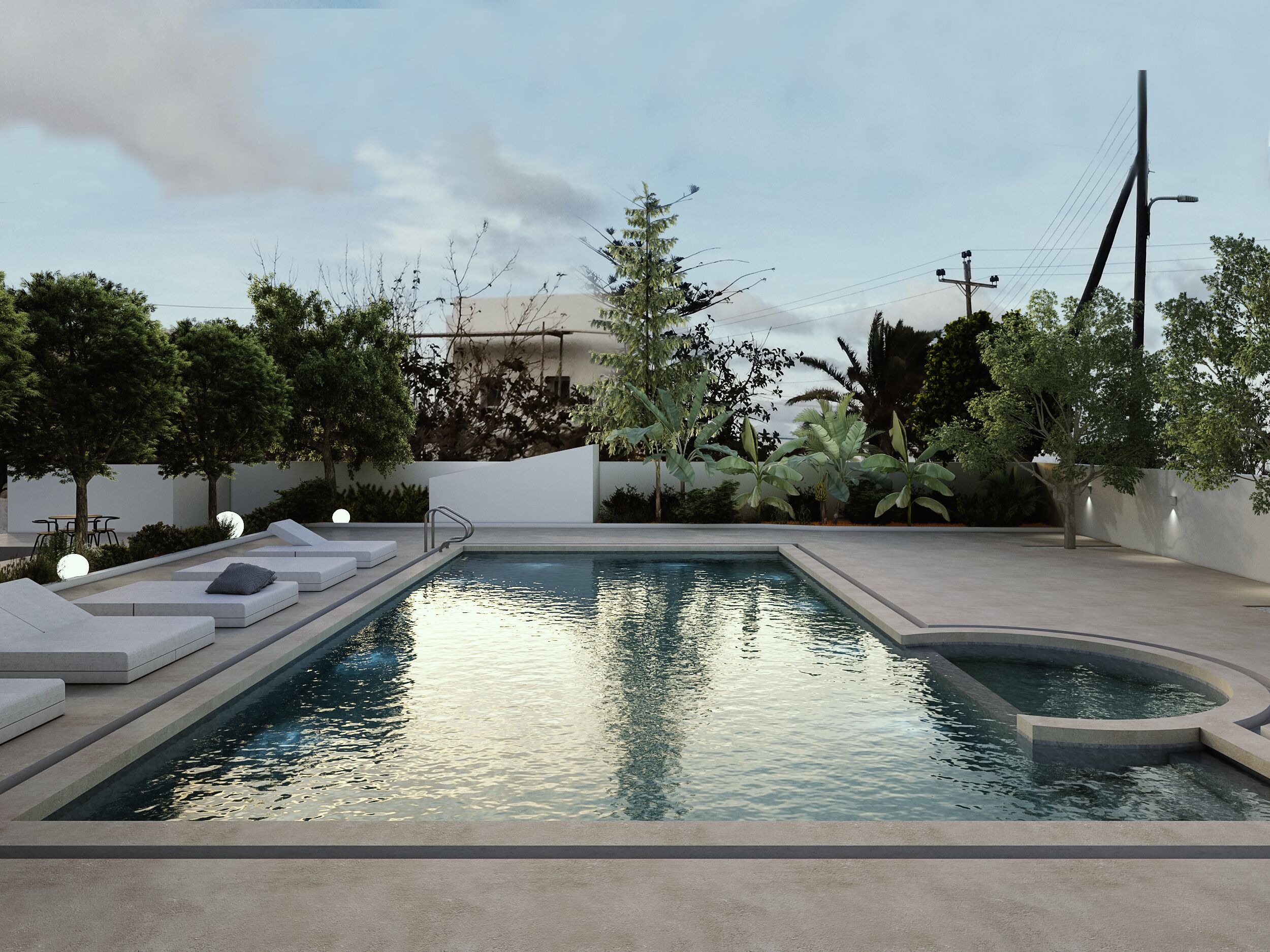 Εποχική εξωτερική πισίνα, ομπρέλες πισίνας, ξαπλώστρες